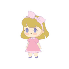 Cute chibi girl in pink dress with bow. Kawaii style character illustration is for stickers, merch, kids' products, and girly aesthetic designs.