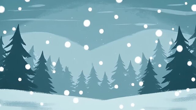 Stylized winter forest landscape with falling snow and snow covered ground