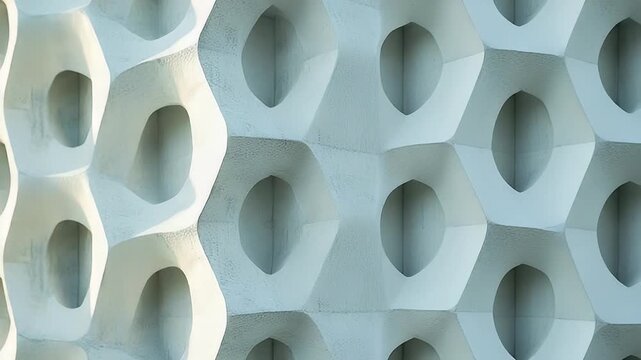 White textured facade with repeating oval voids, lit by sunlight creating strong shadows on the concrete surface