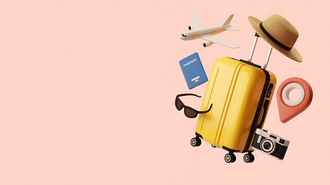 Bright yellow suitcase with travel essentials including a passport airplane sunglasses camera straw hat and location pin floating against a soft peach background - Powered by Adobe