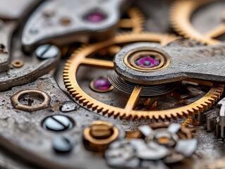 Intricate watch gears with focus on precision and mechanical details. The image shows the delicate inner workings of the timepiece. The gears interlock and their intricate design shows precision.