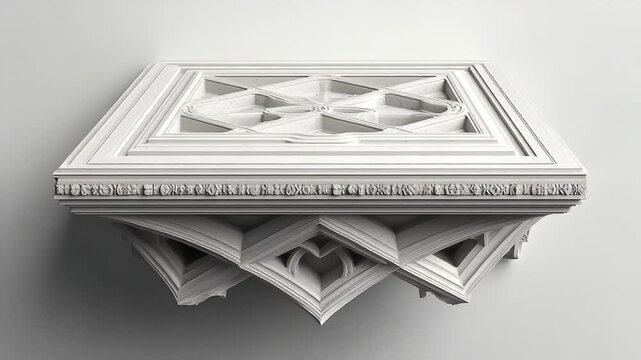 Intricate, white plaster corbel with geometric designs mounted on a simple wall, casting soft shadows