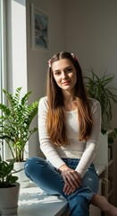 A Beautiful Young Woman Sitting by a Window Inside a Home