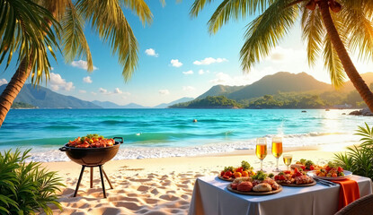 A beach scene with a barbecue grill with seafood on the sand. AI-Generated