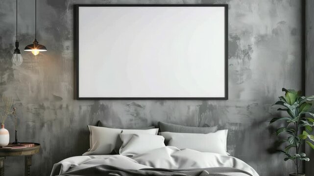 A cozy bedroom scene with a bed and a picture frame on the wall
