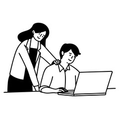 Woman helping man with laptop while sitting at desk in office  