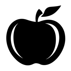 A simple black apple silhouette with a single leaf. This vector icon graphic is a clean design element for healthy food or nature themes.
