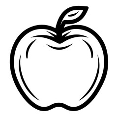 A bold black and white outline of an apple fruit with a leaf. A vector line art illustration perfect for a food icon or healthy eating symbol.