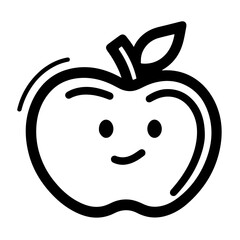 Simple hand-drawn apple fruit with a friendly face, a black outline character icon for healthy food concepts