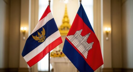 Diplomatic ties showcased through Thailand and Cambodia national flags meeting elegance