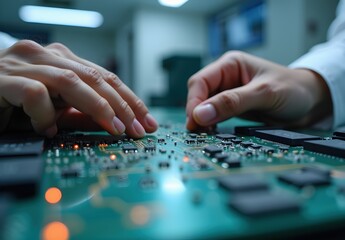 Detailed Hands Working on Circuit Board