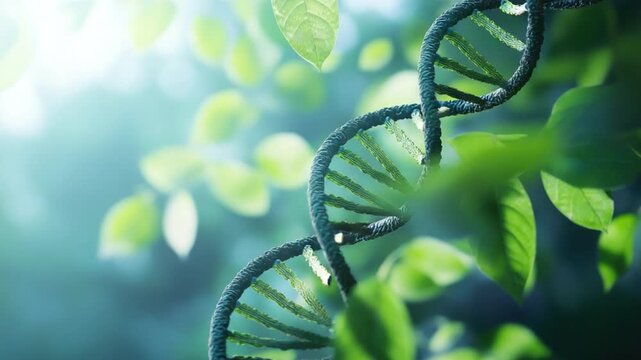 DNA Helix Surrounded by Green Leaves Symbolizing Nature, Growth, and Genetic Science in a Soft Focus Background 4k video footage - Powered by Adobe