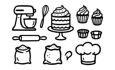 Line art kitchen baking tools and pastry elements with whisk and chef hat