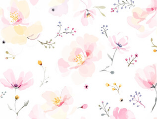 Pink watercolor flowers background for design. Floral border frame card template.