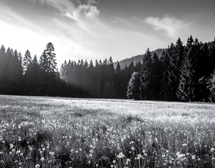 A tranquil black and white landscape of a meadow with a dense forest