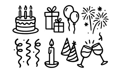 Minimalist celebration icons: cake, gifts, balloons, and fireworks