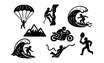 Fototapeta premium Adventure icons set featuring outdoor activities like surfing, climbing, and paragliding in bold black silhouette style