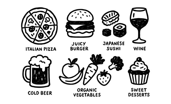 Hand drawn food doodles: pizza, burgers, sushi, and more
