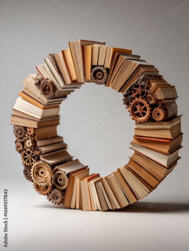 Poster creative representation of self-development through a gear made of books, illustrating continuous le