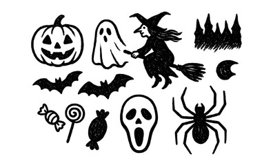 Halloween doodle collection featuring witch, ghost, and pumpkin