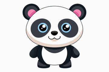 Adorable cartoon illustration of a standing panda with big round eyes, blushing cheeks, and a happy smile, set against a soft pastel background.
