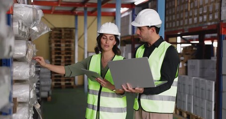 Two Hispanic colleagues wearing safety vests and hard hats standing in warehouse aisle, working together using tablet and laptop, collaborating on stock or inventory inspection. Logistics, teamwork - Powered by Adobe