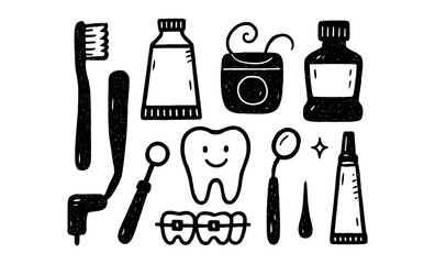 Dental care doodle set: cute black and white art for oral hygiene