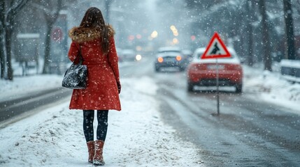 Woman walking in snowy city street