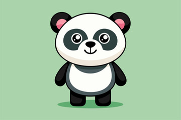 Adorable cartoon illustration of a standing panda with big round eyes, blushing cheeks, and a happy smile, set against a soft pastel background.