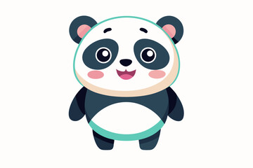 Adorable cartoon illustration of a standing panda with big round eyes, blushing cheeks, and a happy smile, set against a soft pastel background.