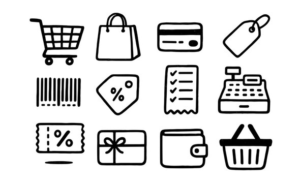 Black and white shopping icons set with hand-drawn style for retail themes