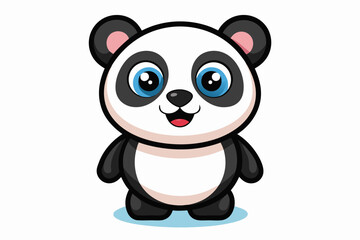 Adorable cartoon illustration of a standing panda with big round eyes, blushing cheeks, and a happy smile, set against a soft pastel background.