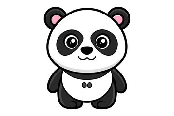 Adorable cartoon illustration of a standing panda with big round eyes, blushing cheeks, and a happy smile, set against a soft pastel background.