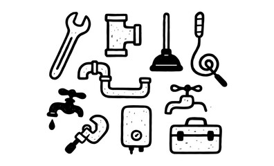 Obraz premium Plumbing tools and equipment set in hand-drawn sketch style