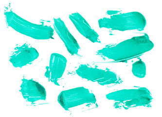Set grunge brush strokes cyan glitter paints isolated on white	