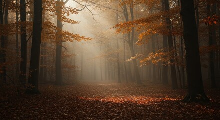 Obraz premium A misty autumn forest path illuminated by sunlight filtering through orange leaves