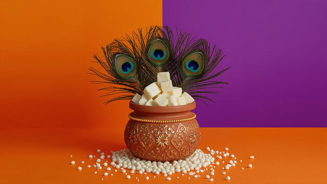 8K ultra-colorful studio image of clay matki overflowing with white butter, peacock feathers, and gold beads. Set against vivid purple-saffron backdrop with glossy lighting and festive symbolism.