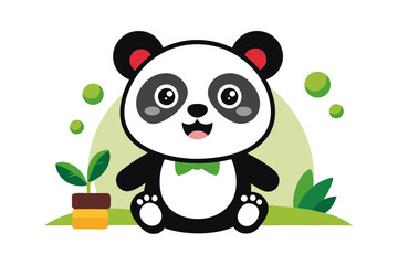 Adorable cartoon illustration of a standing panda with big round eyes, blushing cheeks, and a happy smile, set against a soft pastel background.