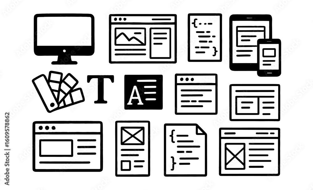 Poster minimalist web development icons set for ui and ux design projects