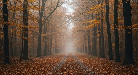 A misty autumn forest path lined with tall trees