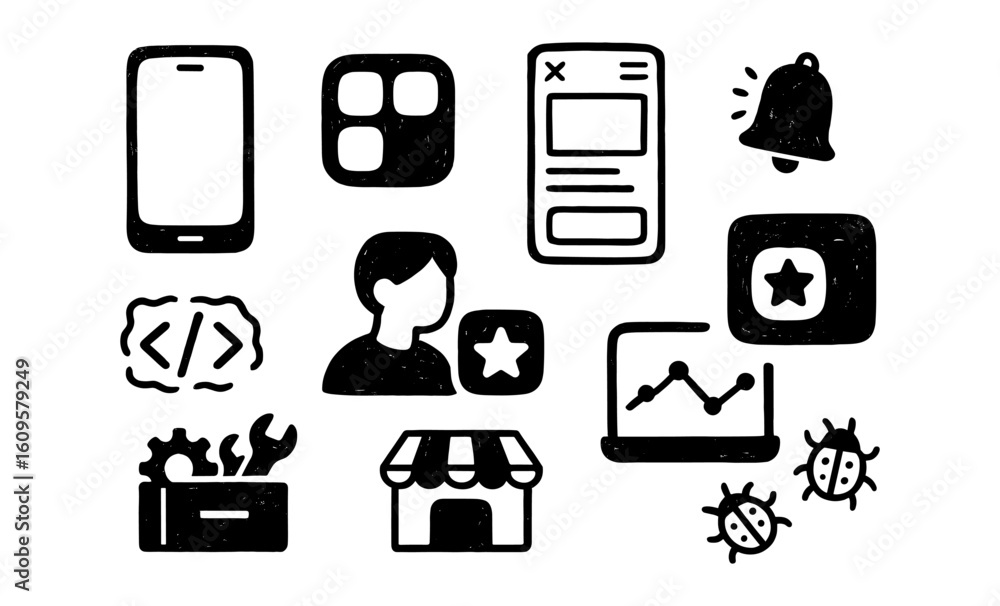 Poster hand drawn icons for mobile app development and user interface design