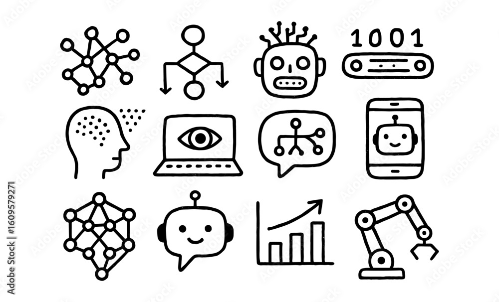 Poster linear ai icon set featuring robots, neural networks, and automation