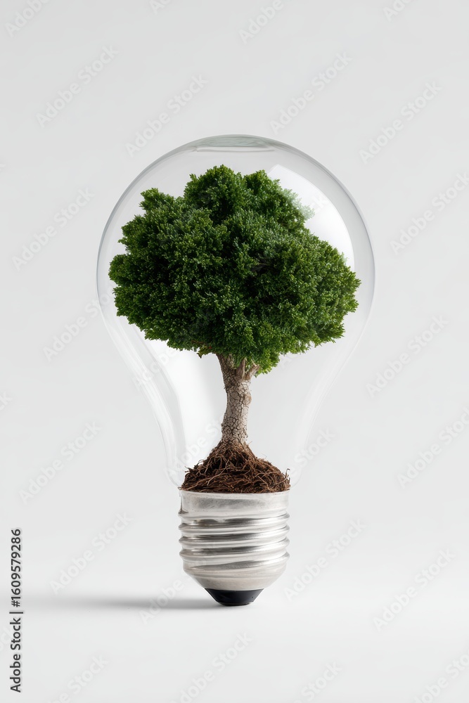 Poster a conceptual image of a light bulb transforming into a tree, isolated on a pure white background. su