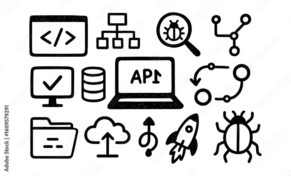 Poster hand drawn doodle icons of programming and development tools
