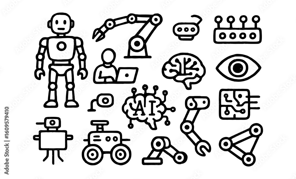 Poster linear ai and robotics icons: robots, automation, technology in simple black line style