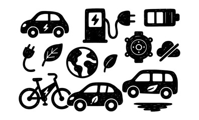 Naklejka premium Hand-drawn eco-friendly transportation icons with electric vehicles and nature elements