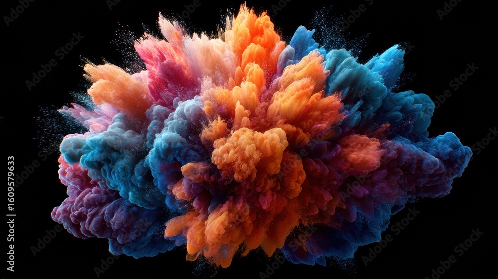 Poster colorful abstract explosion resembling a brain creates dynamic visual impact on black canvas with em