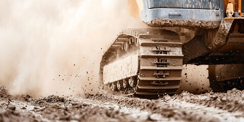 A close-up on the intricate tracks and powerful hydraulic cylinders of a digger, covered in mud and dust.