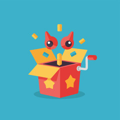 A vibrant red and yellow jack-in-the-box toy with a popping character and confetti.