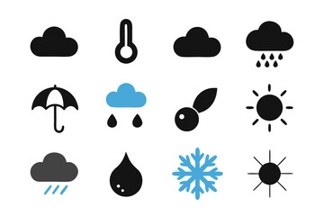 Vector art of a collection of weather icons isolated on white background representing different weather conditions